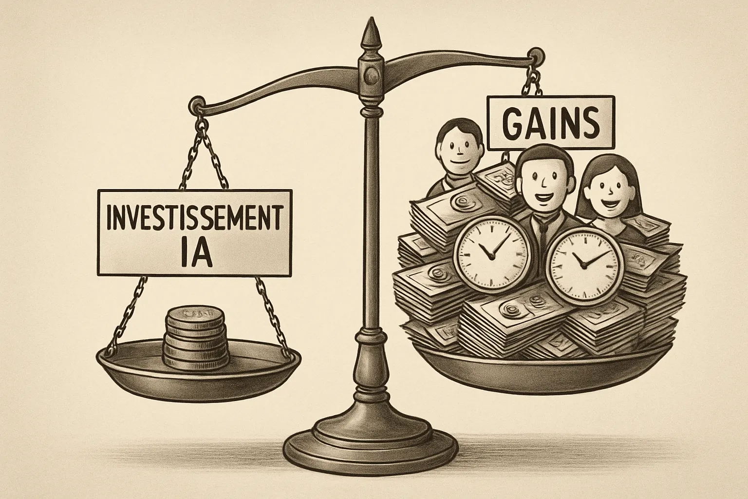 Une balance montrant que les gains obtenus grâce à l'IA dans une PME pèsent bien plus lourd que l'investissement initial.