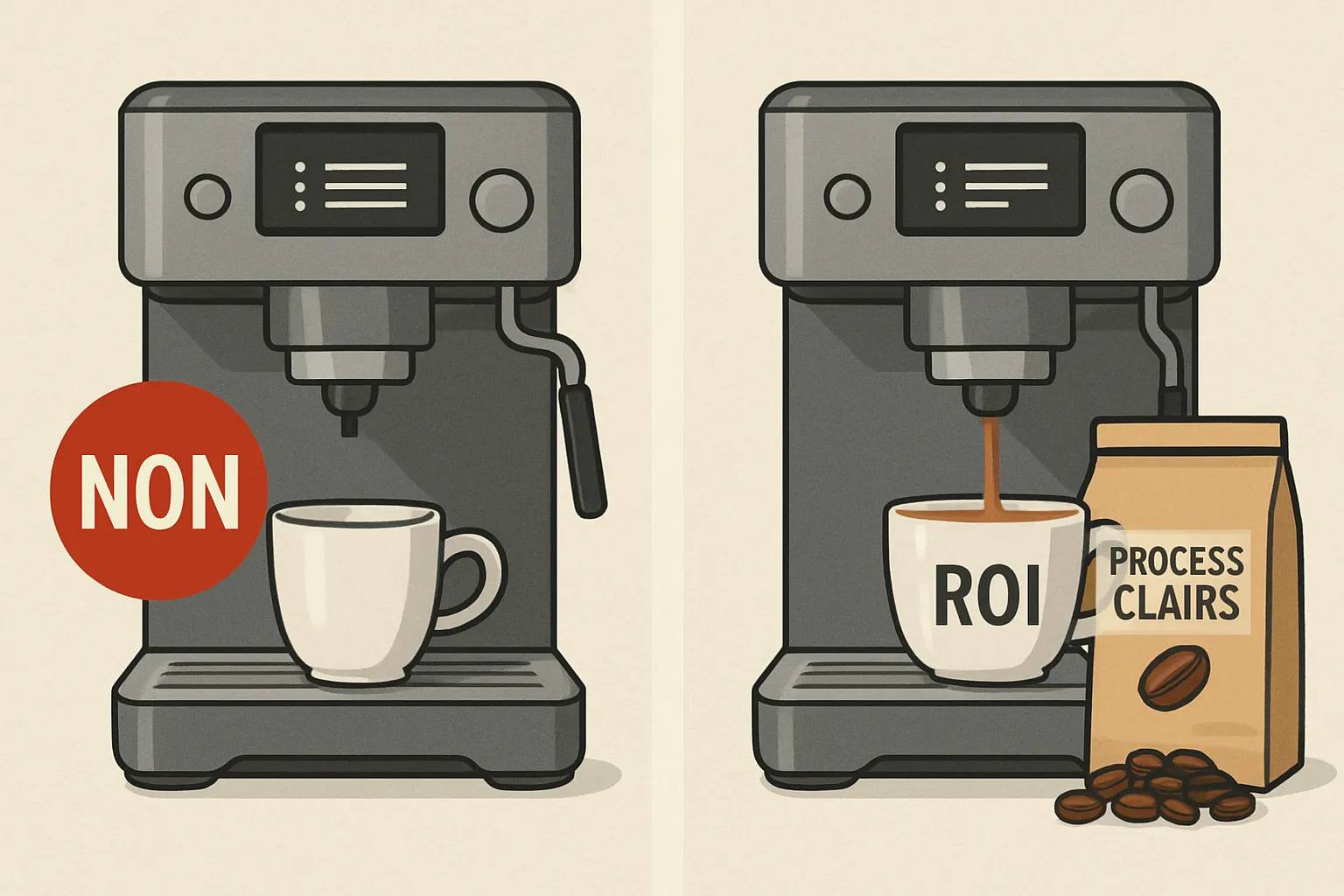 Analogie du cafe montrant qu'une PME a besoin de process clairs avant d'investir dans une agence d'automatisation IA.