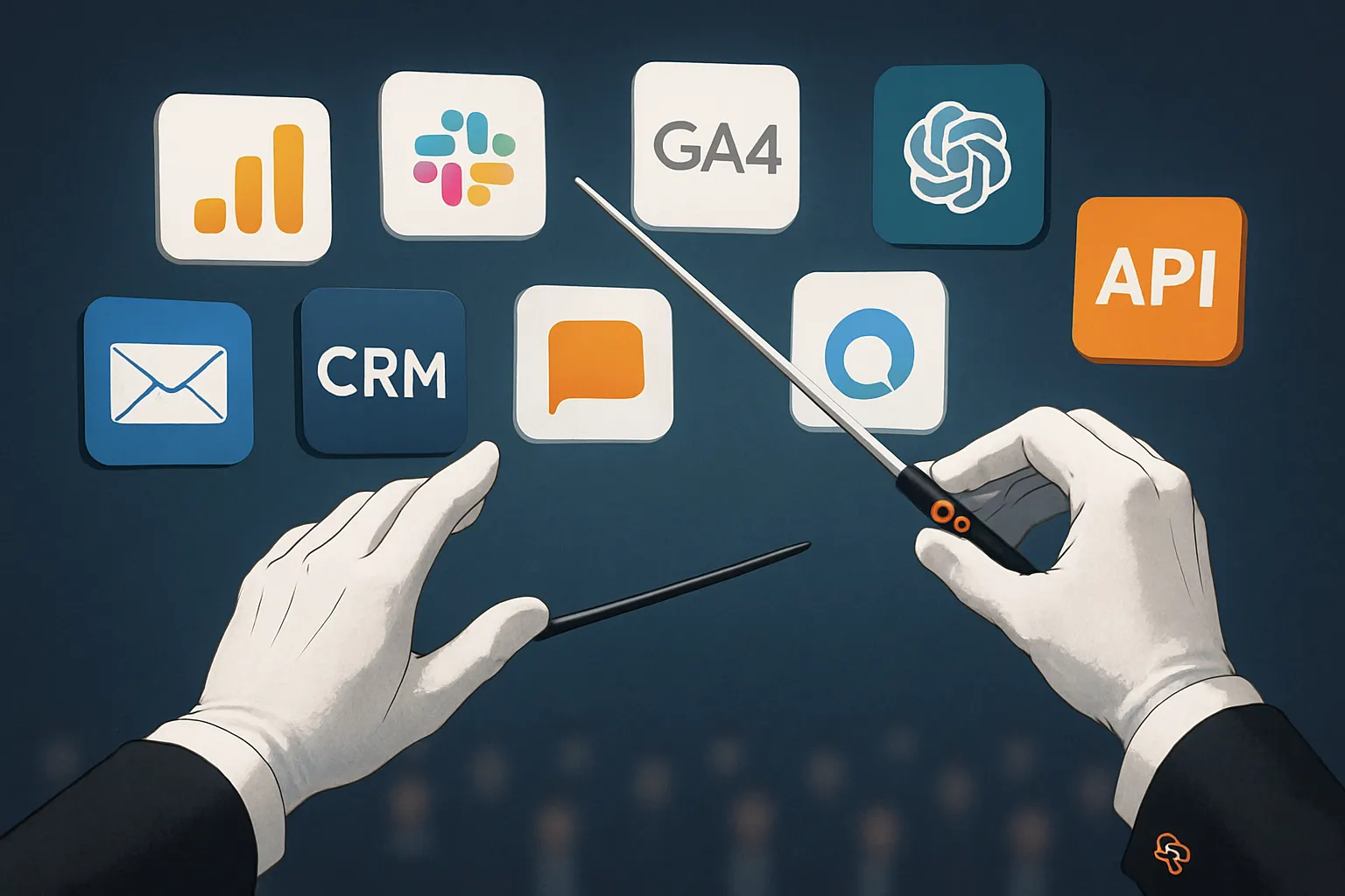 Des mains de chef d'orchestre dirigeant des API comme OpenAI O1 et des applications via n8n pour l'automatisation d'une PME.