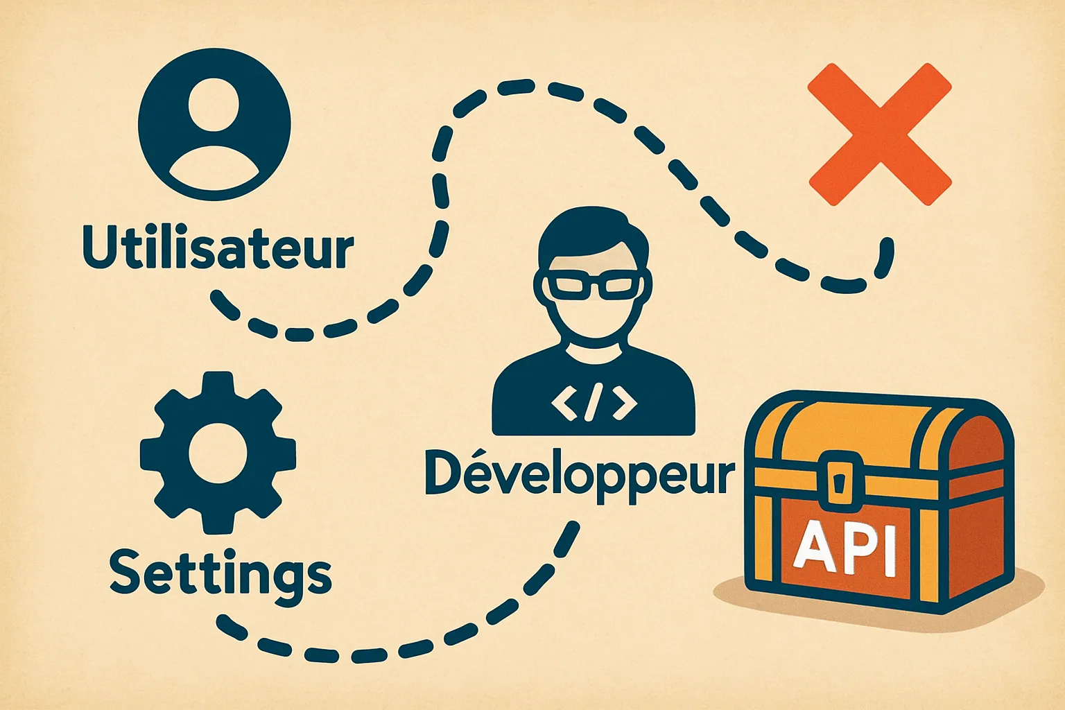Carte au trésor montrant les étapes pour trouver une clé API dans les paramètres d'une application pour l'utiliser avec n8n.