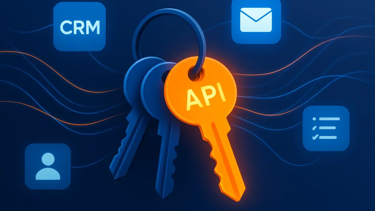 Un guide pour trouver sa cle API n8n, illustré par un trousseau de clés connectant plusieurs applications de PME.