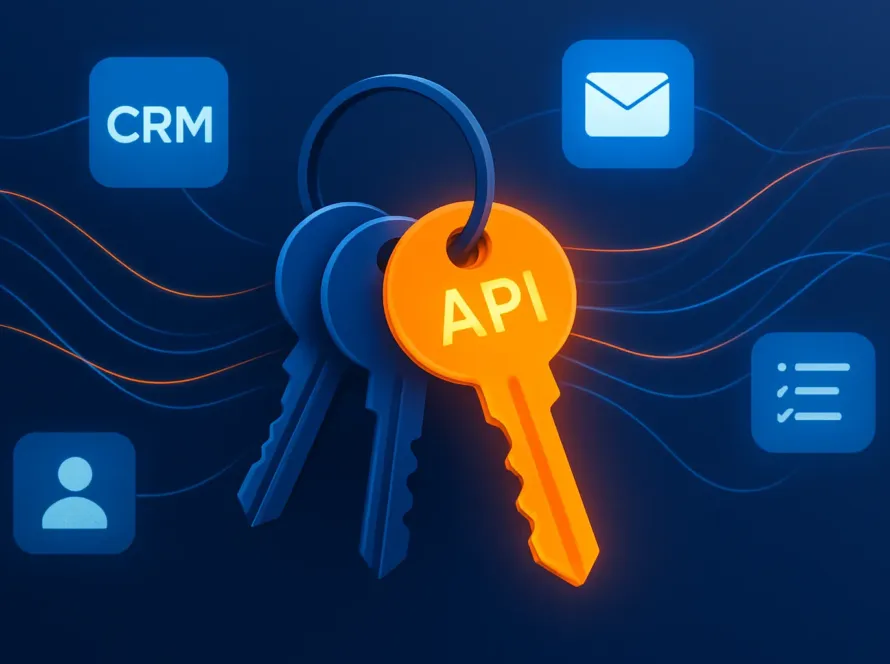Un guide pour trouver sa cle API n8n, illustré par un trousseau de clés connectant plusieurs applications de PME.