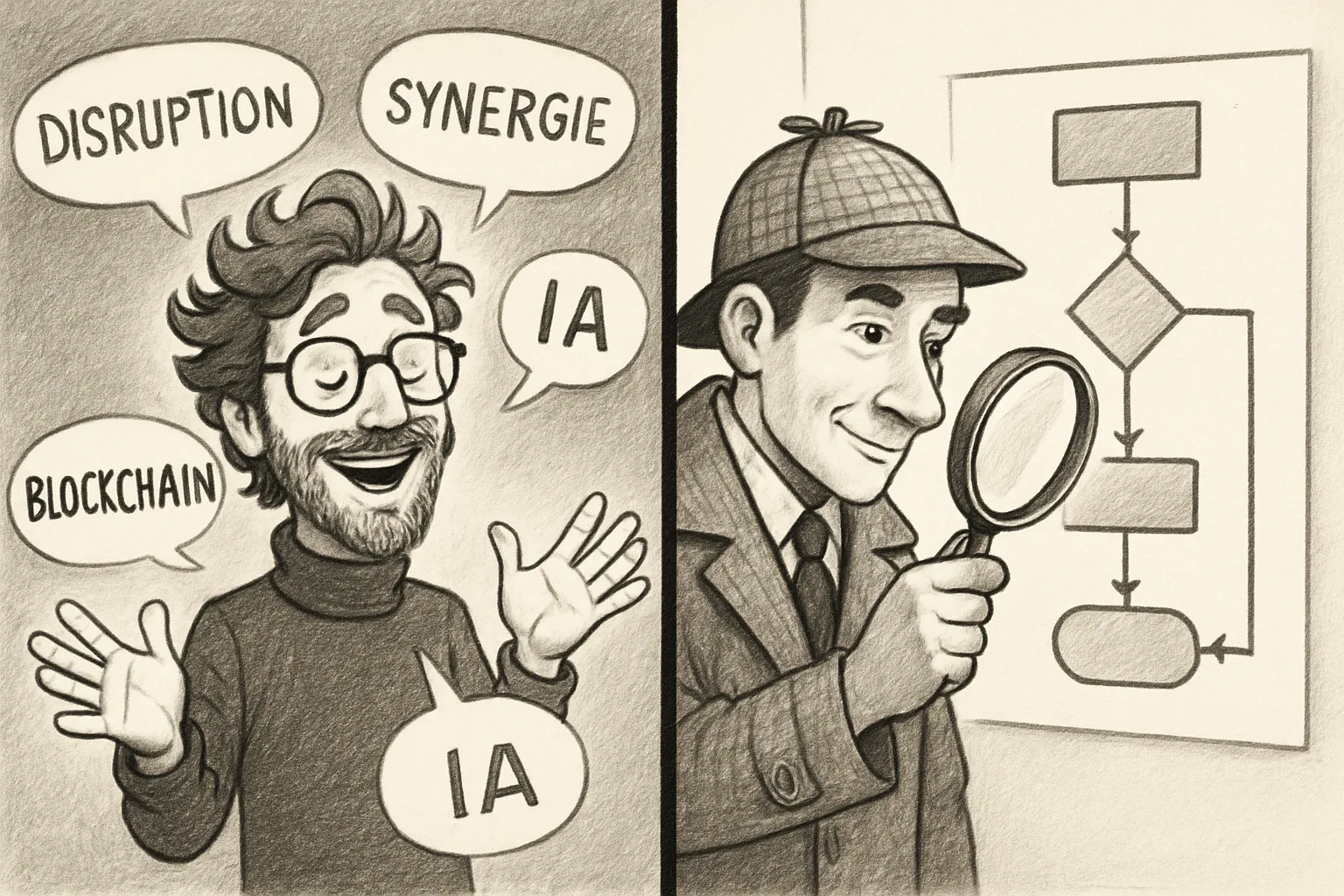 Comparaison entre un faux prophète de l'IA et un vrai consultant IA qui analyse les faits.