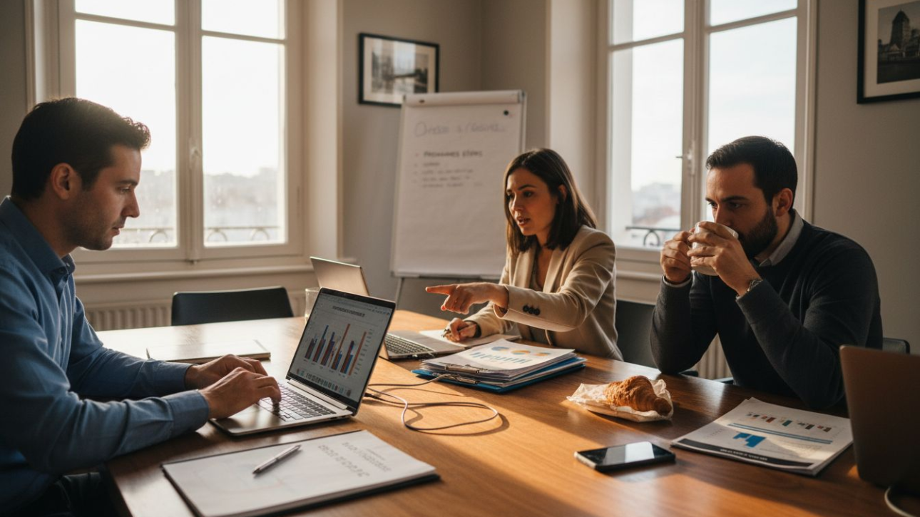 Une équipe qui intègre l’intelligence artificielle lors d’une réunion de travail pour optimiser ses prises de décision.