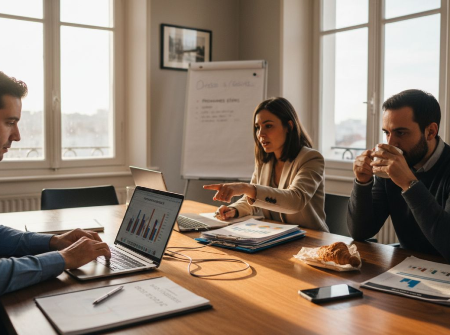 Une équipe qui intègre l’intelligence artificielle lors d’une réunion de travail pour optimiser ses prises de décision.