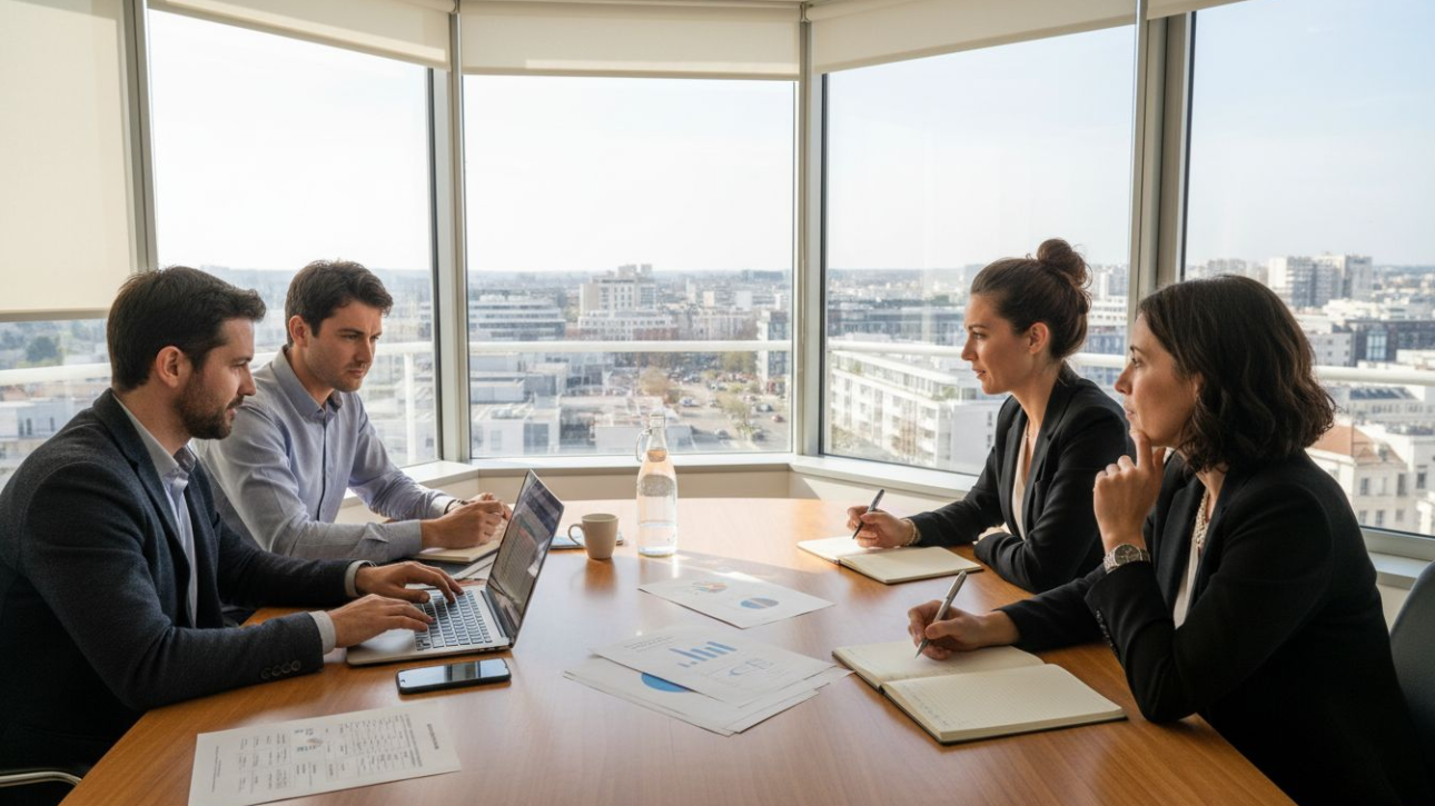 Une équipe de collaborateurs réfléchit à la mise en place d’un projet d’intelligence artificielle lors d’une réunion au bureau.