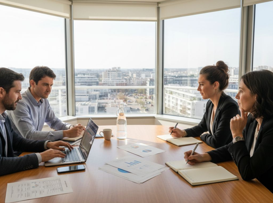 Une équipe de collaborateurs réfléchit à la mise en place d’un projet d’intelligence artificielle lors d’une réunion au bureau.