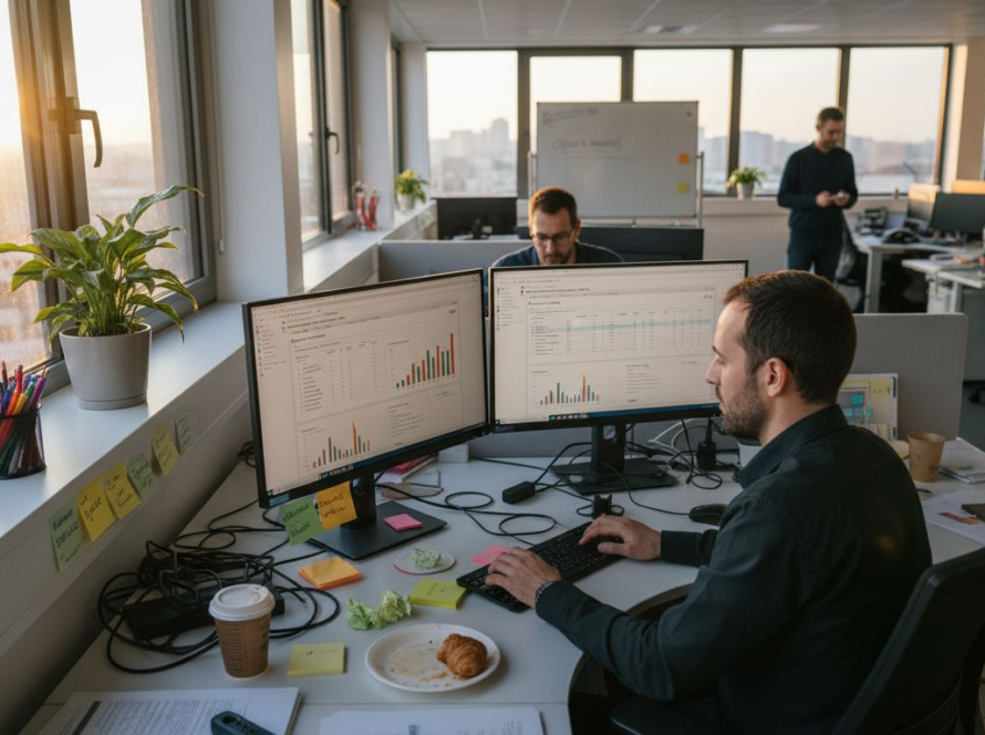 Deux collègues d’une PME en train de mettre en place des solutions d’automatisation