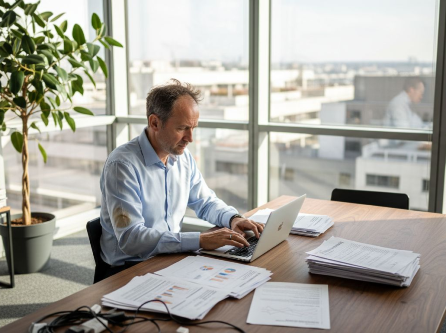 Un dirigeant de PME qui s’appuie sur des outils d’intelligence artificielle pour optimiser la gestion de son entreprise au bureau.