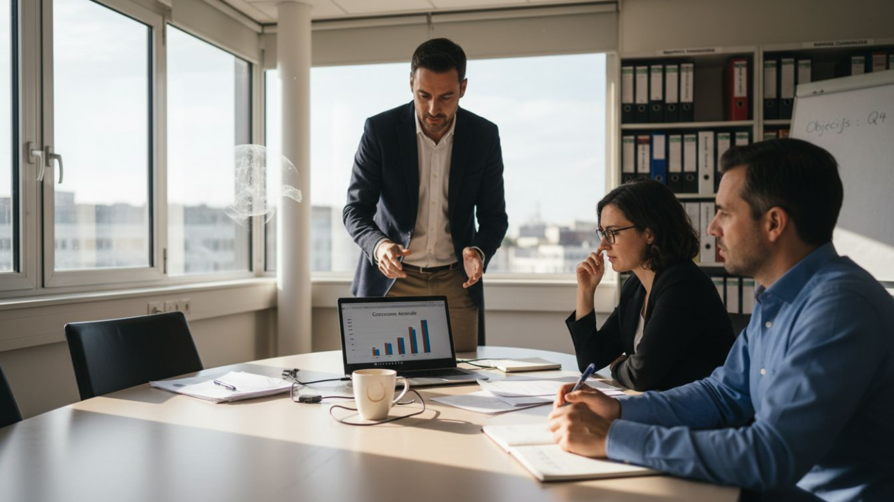 Un manager explique les principes de l’apprentissage automatique à son équipe lors d’une réunion, afin de leur montrer comment cette technologie peut transformer leurs méthodes de travail.