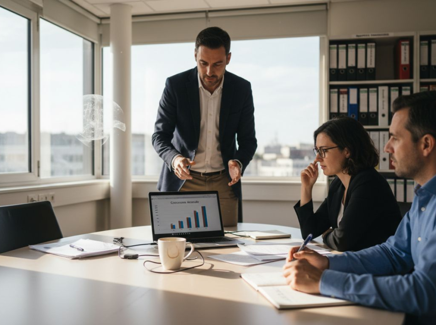 Un manager explique les principes de l’apprentissage automatique à son équipe lors d’une réunion, afin de leur montrer comment cette technologie peut transformer leurs méthodes de travail.