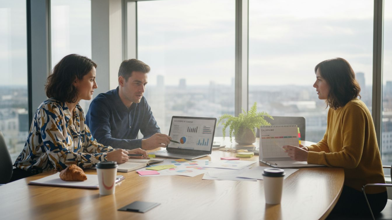 Une équipe marketing échange autour d’une table de bureau, optimisant ses campagnes grâce à des outils d’automatisation.