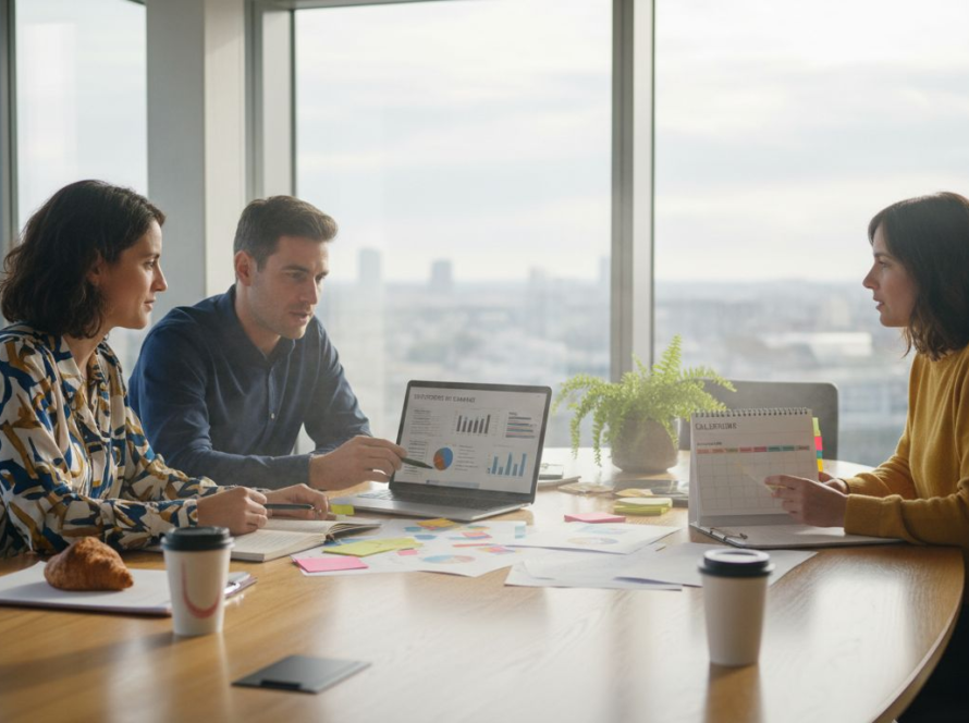 Une équipe marketing échange autour d’une table de bureau, optimisant ses campagnes grâce à des outils d’automatisation.