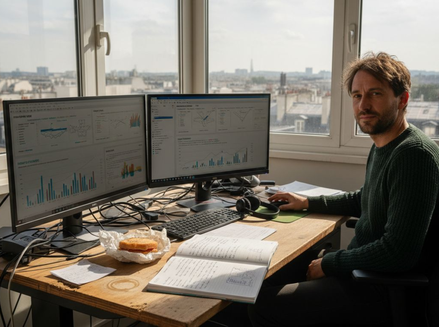 Responsable e-commerce analysant et comparant différentes solutions d’IA sur son poste de travail.