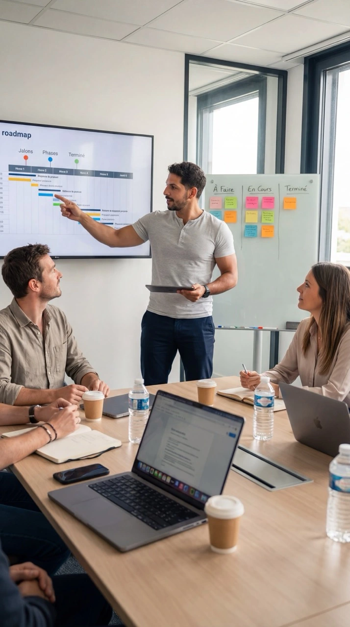 Indiana Tempié dirigeant une réunion de projet IA avec son équipe devant un écran de roadmap