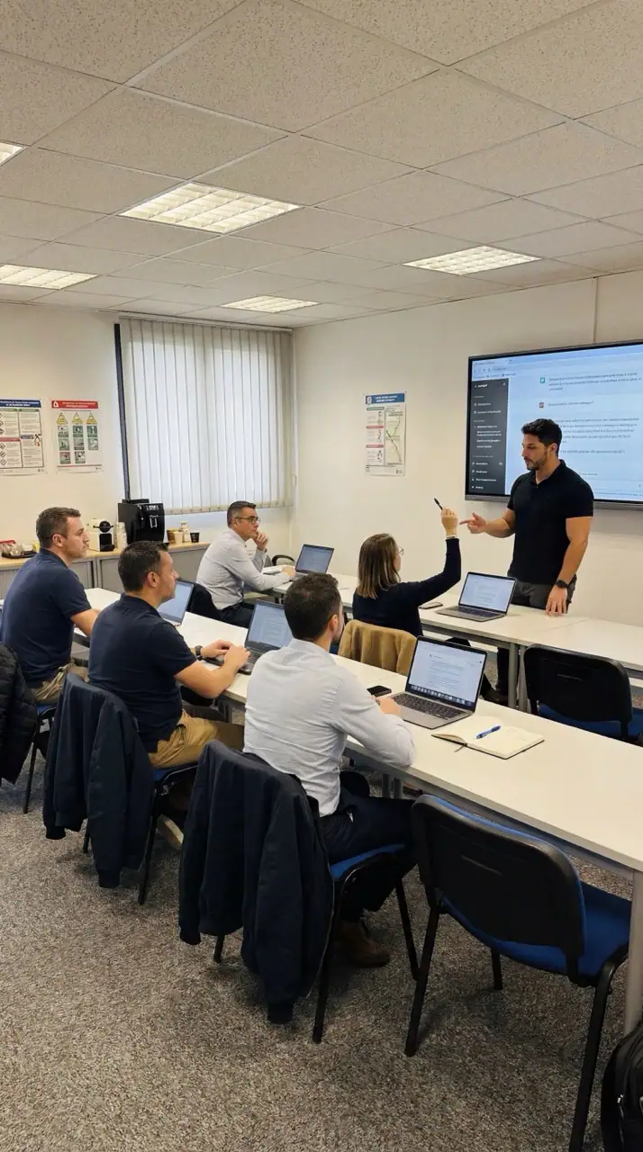 Session de formation IA en entreprise avec participants prenant des notes sur leurs ordinateurs