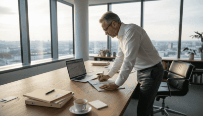 Homme d'affaires travaillant sur un ordinateur dans un bureau moderne avec vue panoramique.