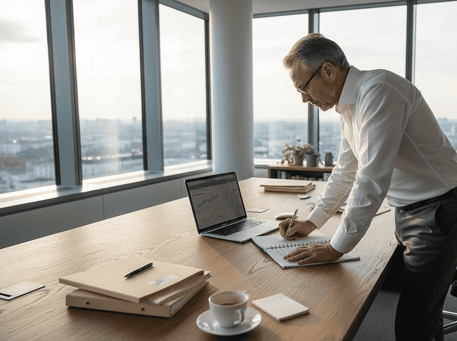 Homme d'affaires travaillant sur un ordinateur dans un bureau moderne avec vue panoramique.