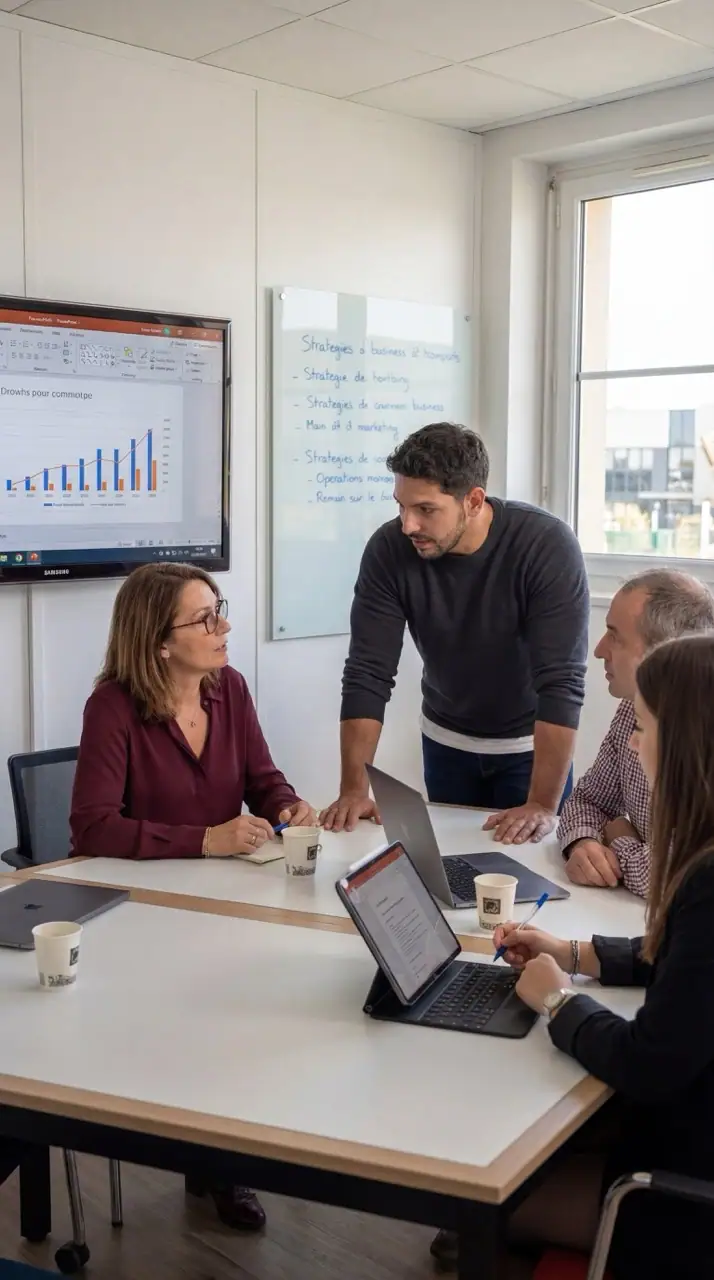 Indiana Tempié en réunion stratégique avec des dirigeants de PME discutant solutions IA