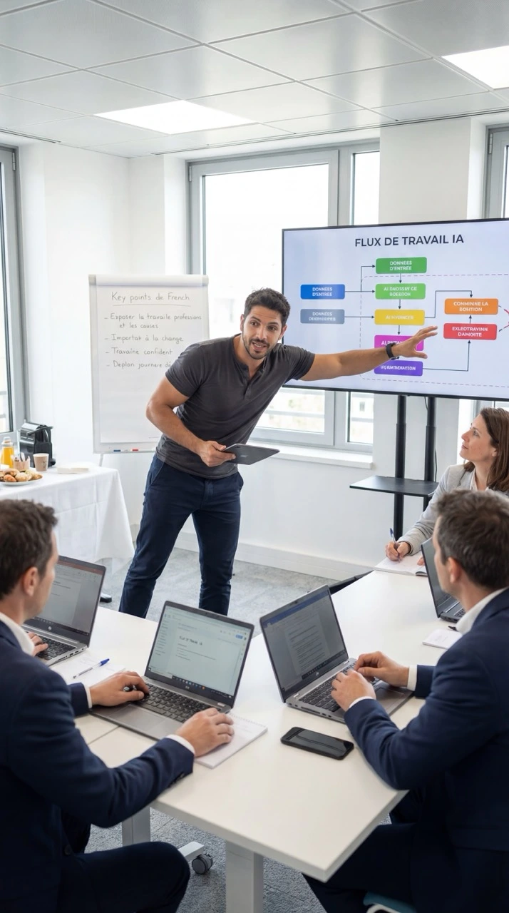 Indiana Tempié animant une session de formation IA devant des professionnels attentifs