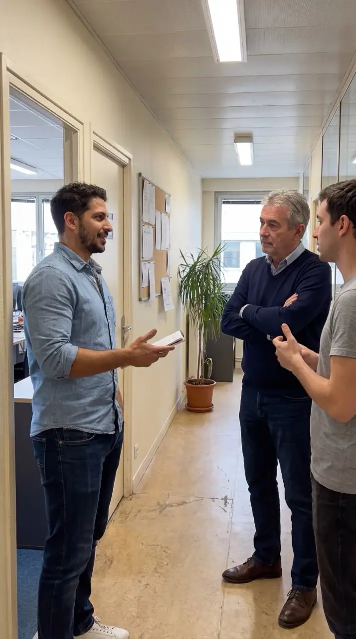 Indiana Tempié chef de projet IA en discussion avec deux collaborateurs dans un bureau