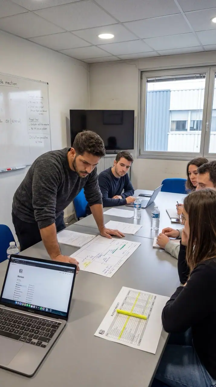 Réunion de pilotage projet IA avec Indiana Tempié et son équipe autour d'une table de travail