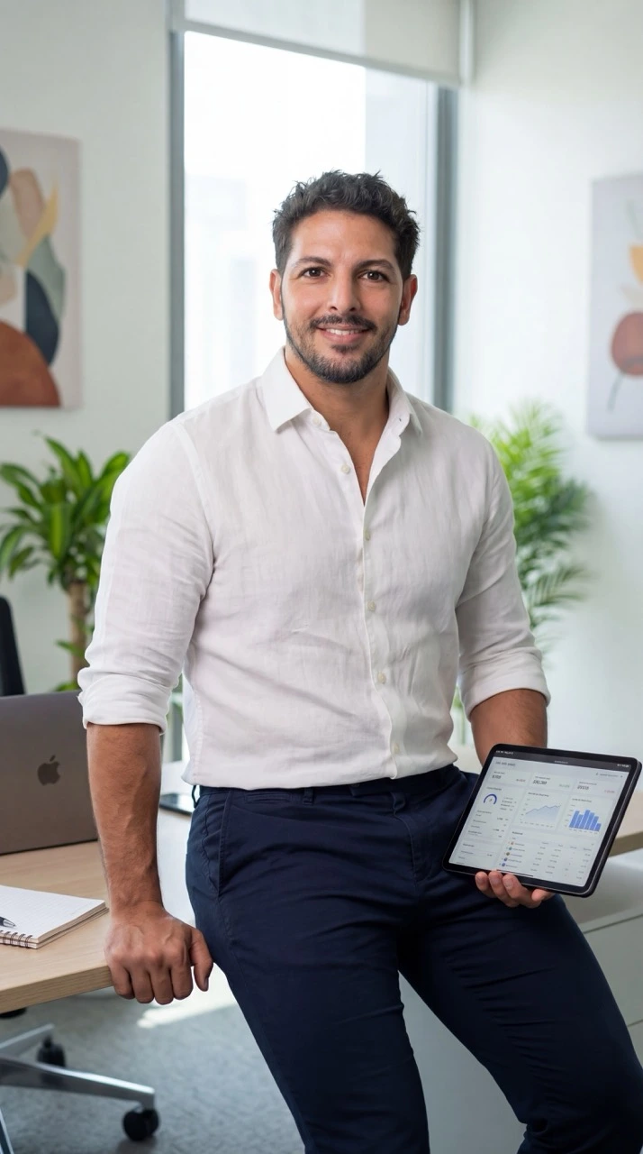 Indiana Tempié consultant IA assis à son bureau avec tablette montrant des analytics