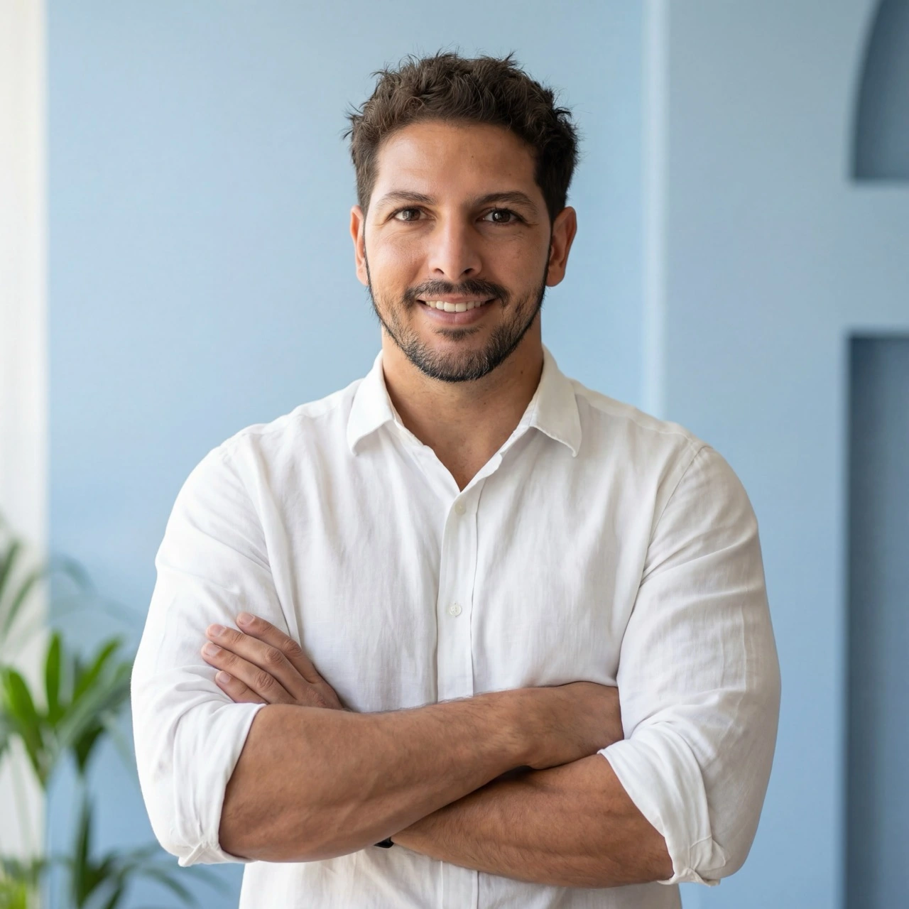 Indiana Tempié portrait confiant bras croisés chemise blanche