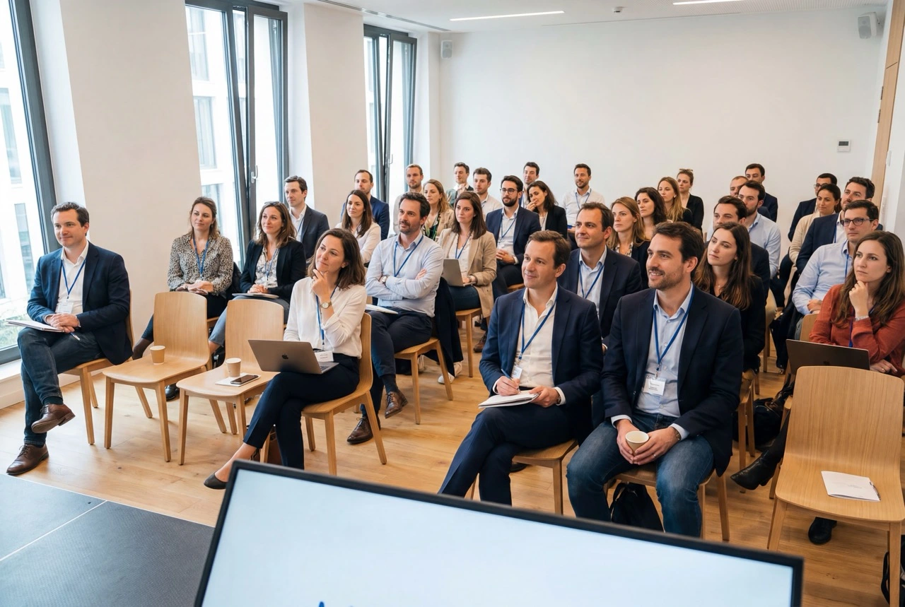 Audience de professionnels attentifs lors d'une conférence sur l'intelligence artificielle