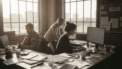 Automatisation pour agences : équipe collaborative travaillant sur des projets numériques.