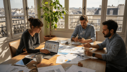 Une équipe de professionnels en réunion, utilisant des tablettes et ordinateurs pour analyser des do.