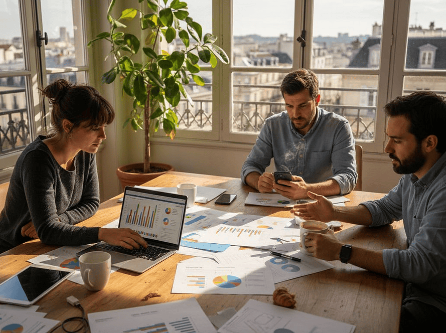 Une équipe de professionnels en réunion, utilisant des tablettes et ordinateurs pour analyser des do.
