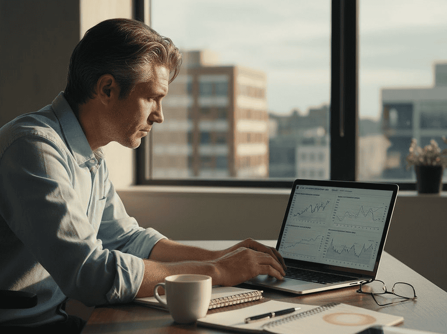 Homme analysant des données sur un ordinateur pour optimiser le commerce en ligne.