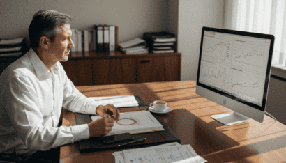 Homme d'affaires analysant des graphiques de performance sur un ordinateur.