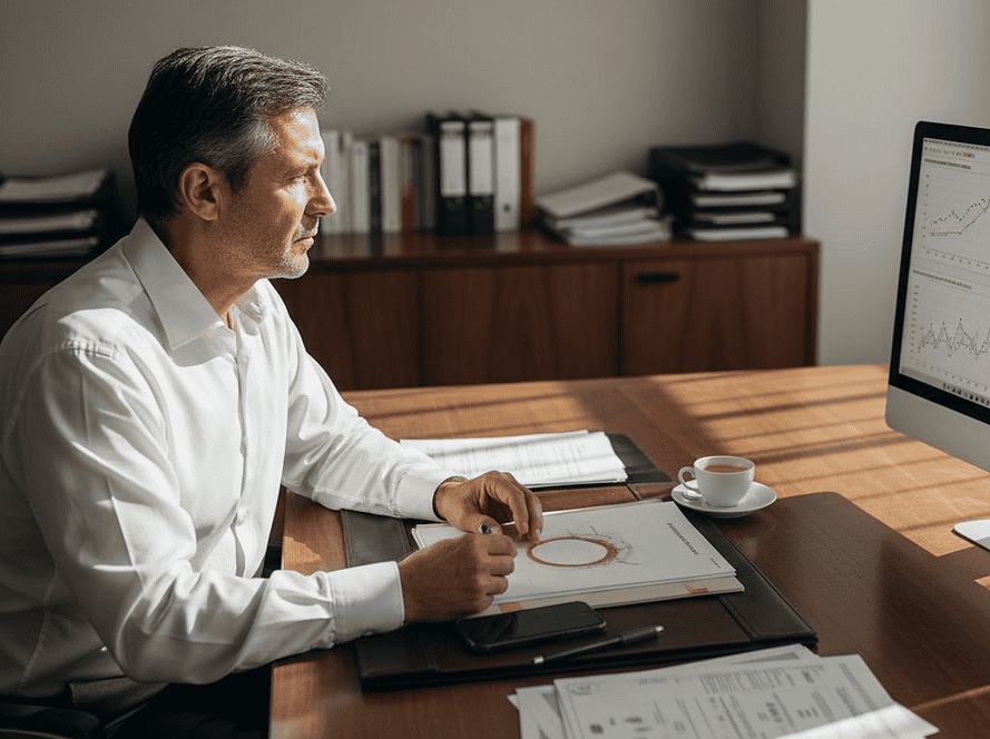 Homme d'affaires analysant des graphiques de performance sur un ordinateur.