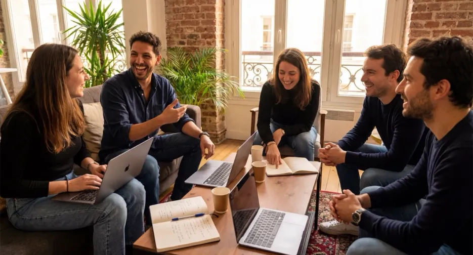 Équipe de professionnels en brainstorming collaboratif dans un espace de coworking